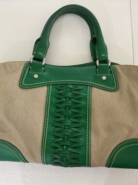Cole Hann Green & Beige Leather-Trim Canvas Tote Bag